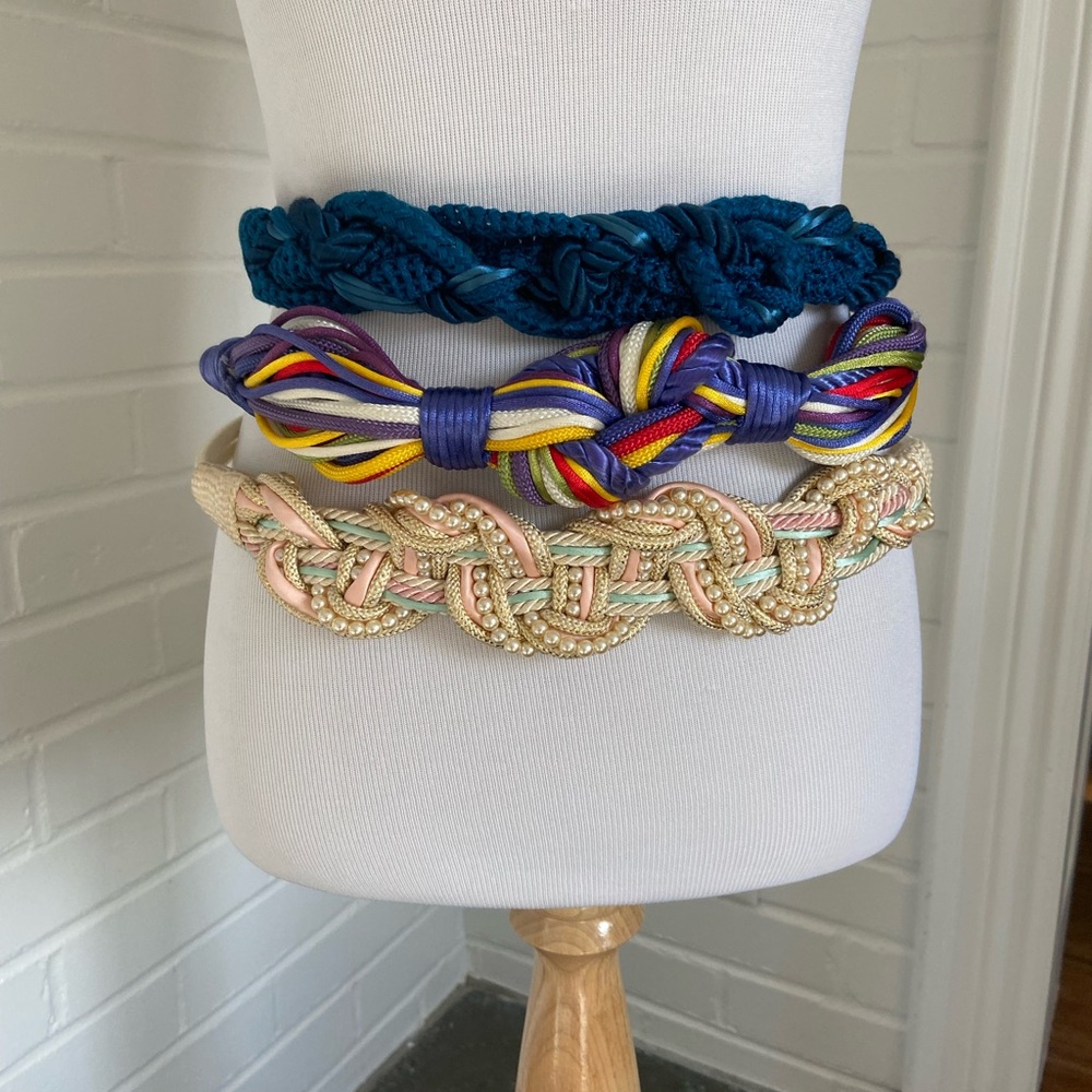 Bundle of 3 Disco 80’s-90’s Decorative Rope Belts in Teal, Multicolor & Pastels